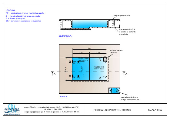 piscina interrata per riabilitazione, forma classica, fondo piano, con sollevatore per carrozzina disabili, progetto Acqua SPA®
